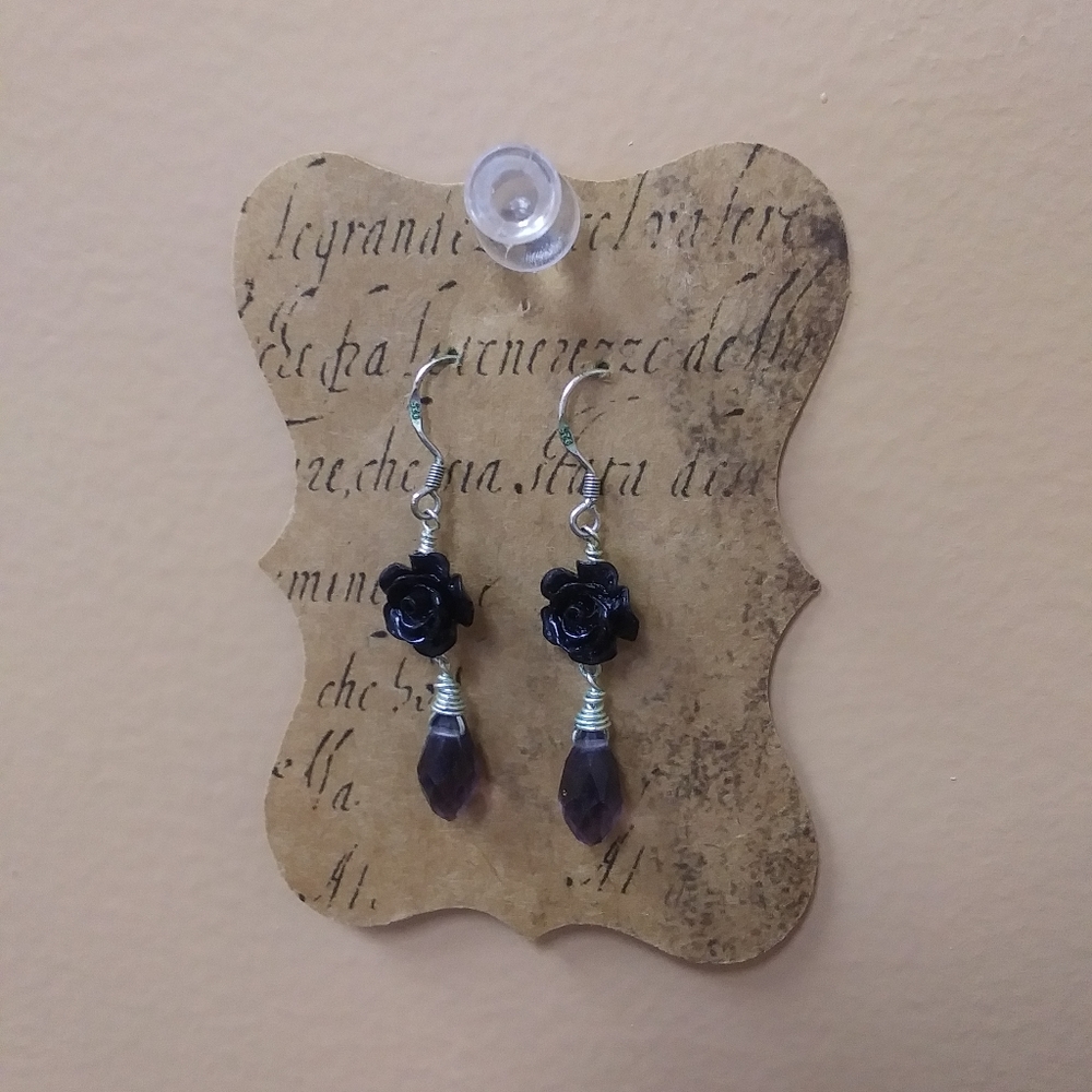 Purple/ Blackish Rose Teardrop Earrings